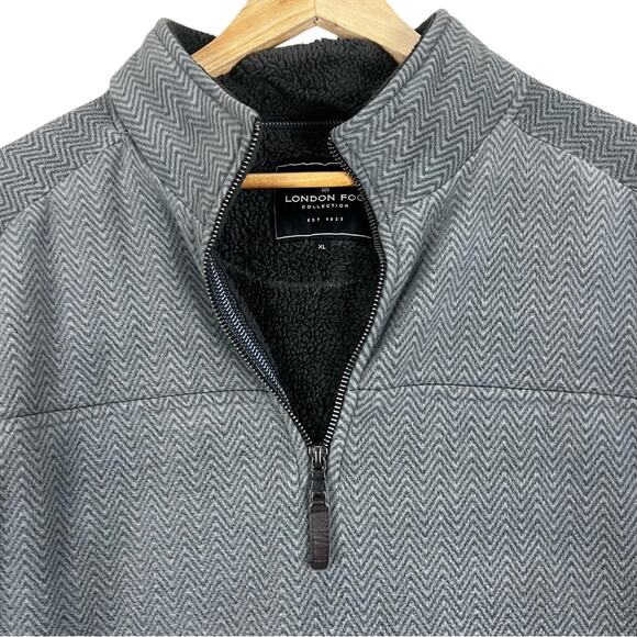 London Fog 1/4 Zip Pullover Jacket Mens XL Gray Herringbone Sherpa Lined Classic - Picture 2 of 5